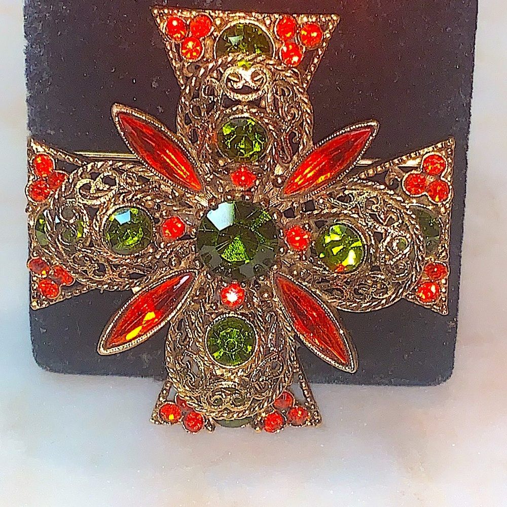 EMMONS MALTESE BROOCH CLIP EAR SET GREEN ORANGE VINTAGE GOLD REGAL SPLENDOR 1970 - Picture 6 of 11